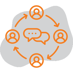 4 silhouettes in a circle with arrows pointing from one to each other and speech bubbles in the center.