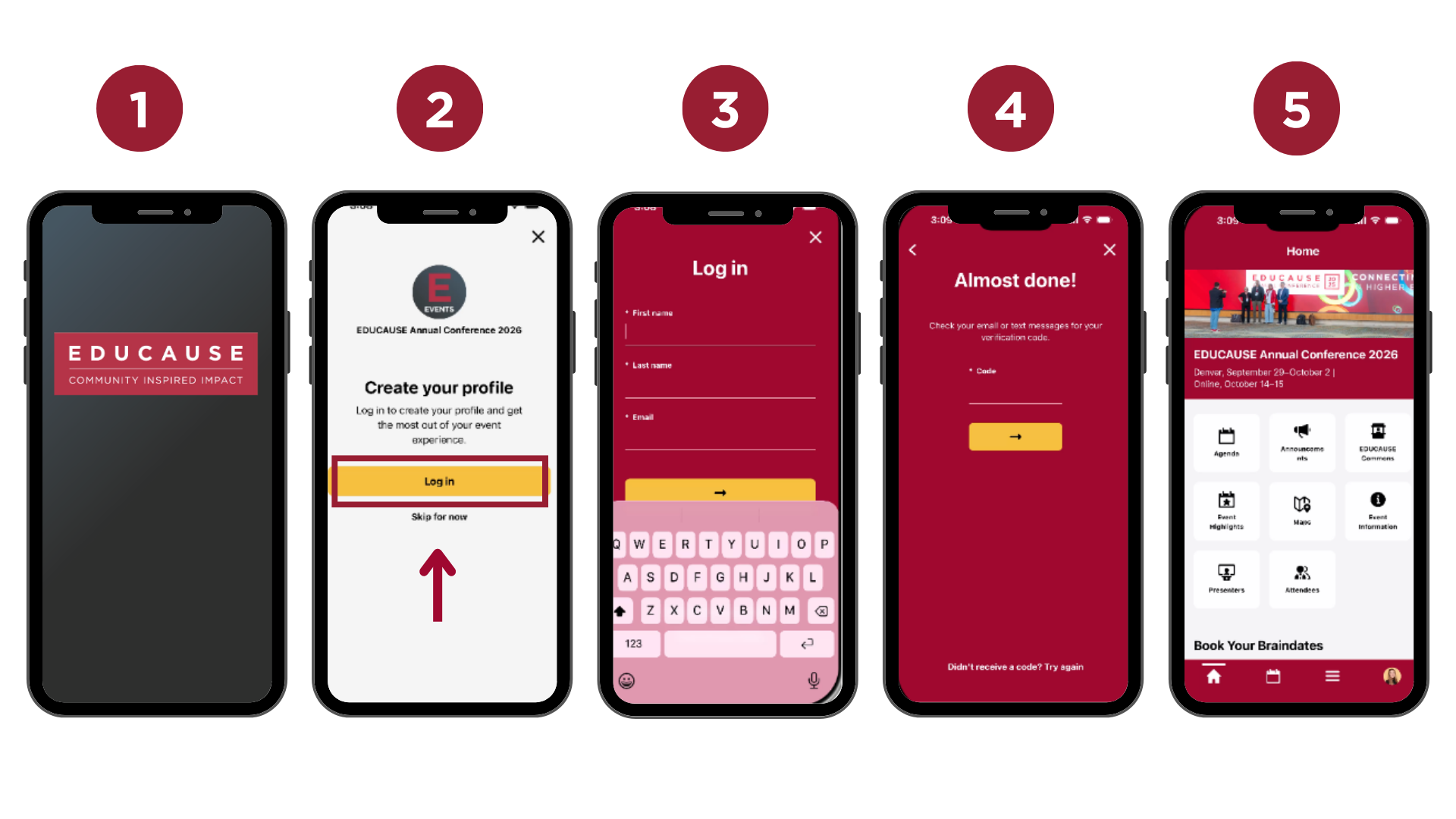 5 phones showing each of the screens from opening the app through logging in and accessing the even