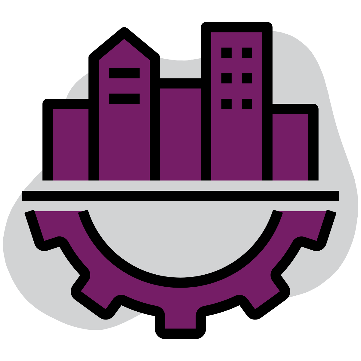 icon: buildings above a line and a cog below the line