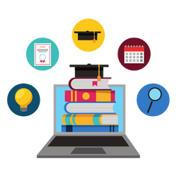 laptop with stack of books on the screen and mortar board on top. five icons around it: lightbulb, diploma, mortarboard, calendar, magnifying glass.