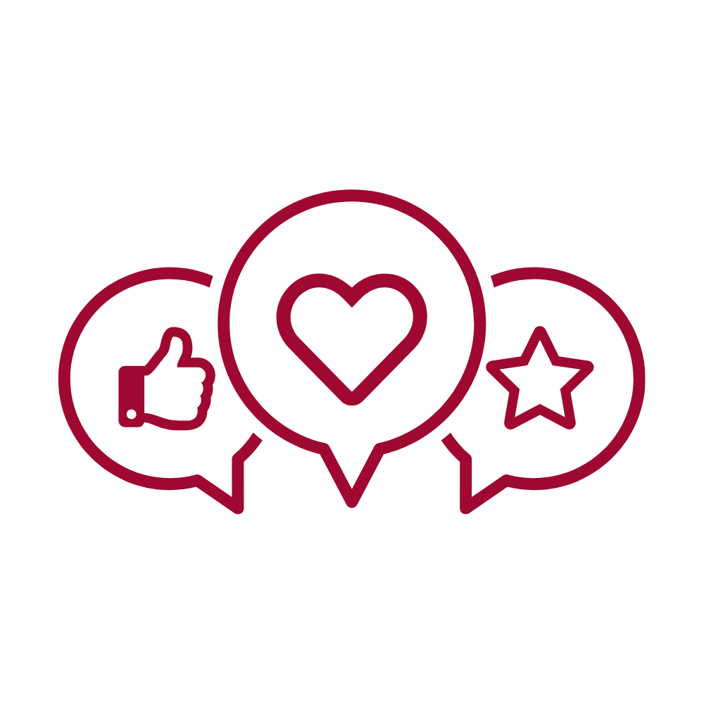 icon: speech bubbles with thumbs up, hear, and star in them
